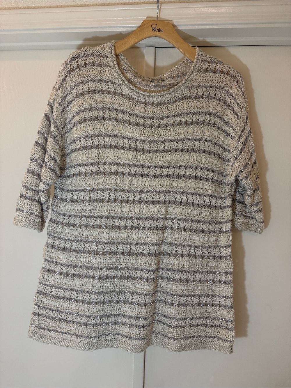 Lucky Brand Cream and Light Gray Striped Open-Knit Short Sleeve Sweater metallic
